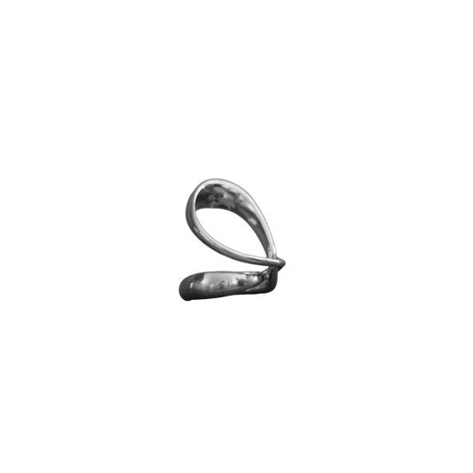A small metallic silver object with a looped, abstract shape, centered on a plain white background.
